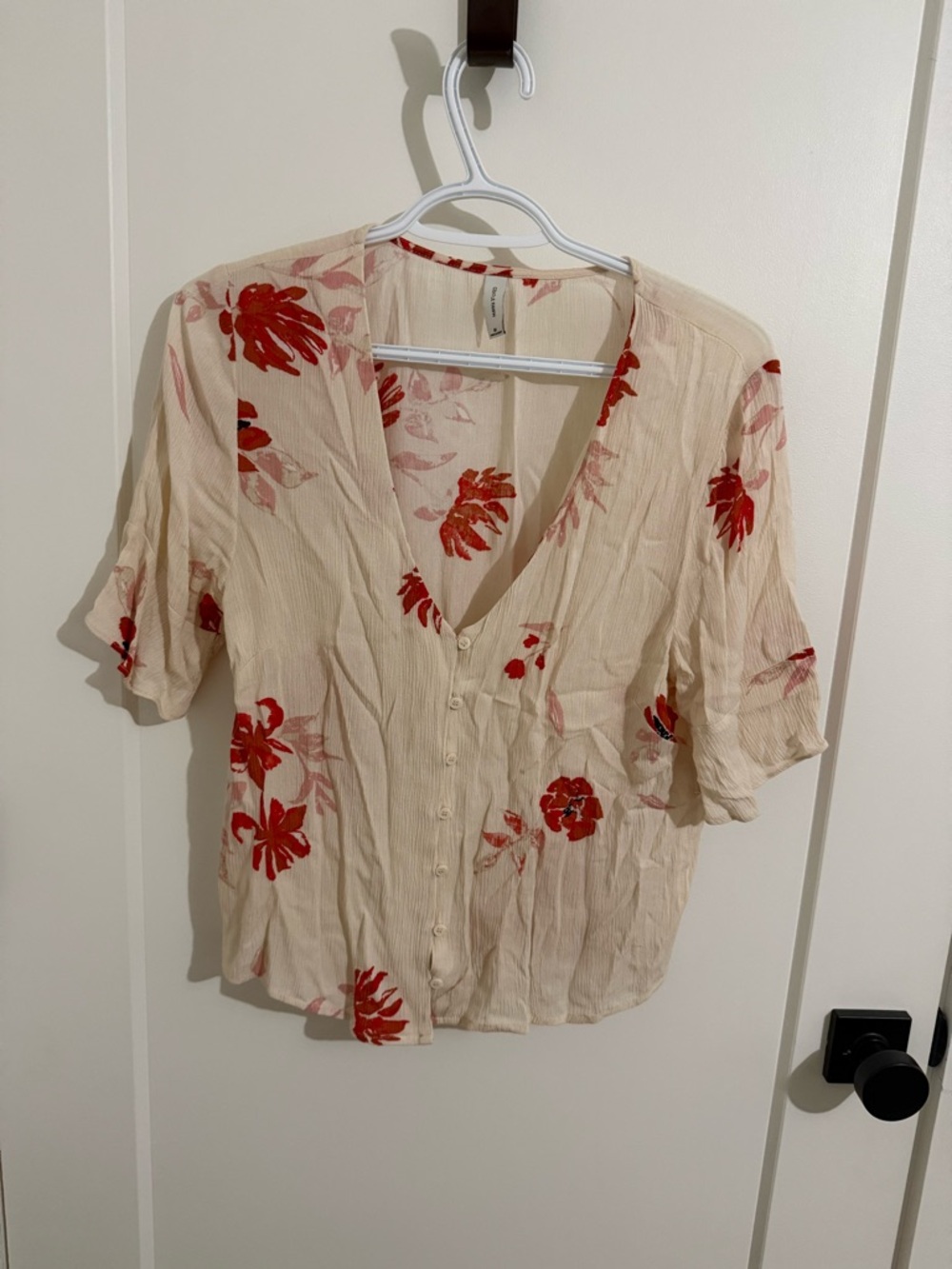 Gentle Fawn Cream V-Neck Button-Front Top with Red Floral Print
